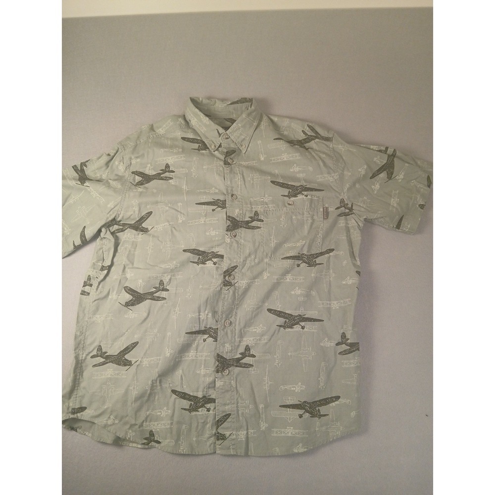 Woolrich Shirt Mens Green Large Planes Aviation Vacation AOP Cotton EUC!!